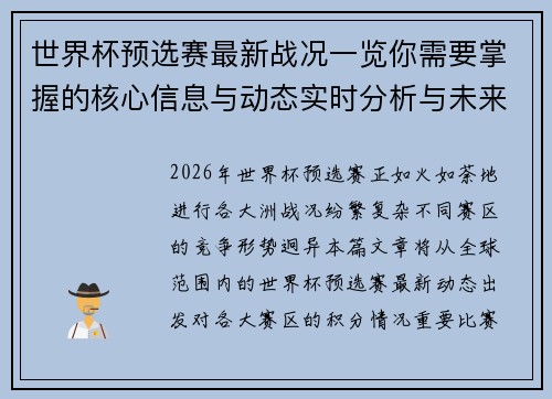 世界杯预选赛最新战况一览你需要掌握的核心信息与动态实时分析与未来展望